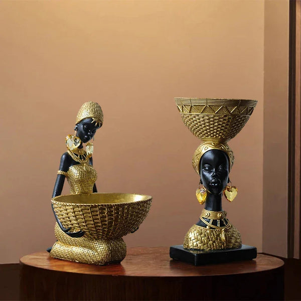 African Tribal Woman Bowl Holder Decorative Statue