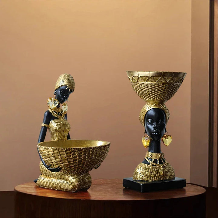 African Tribal Woman Bowl Holder Decorative Statue