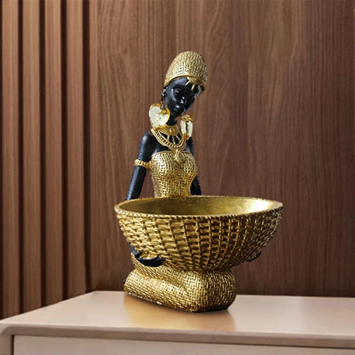 African Tribal Woman Bowl Holder Decorative Statue