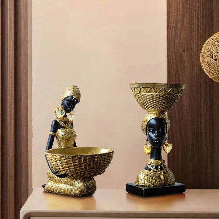 African Tribal Woman Bowl Holder Decorative Statue