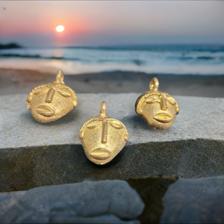 3 African brass pendant, small tribal mask pendant, Ghana Ashanti brass pendants