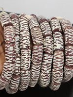 Handcrafted Krobo Painted Recycled Glass Beads – African Brown Tube Beads with Cream Zigzag Patterns (17–18mm × 28–30mm)