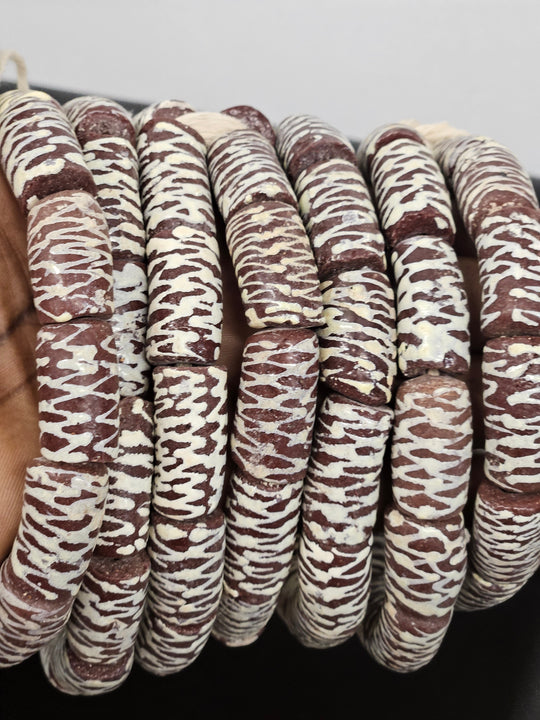 Handcrafted Krobo Painted Recycled Glass Beads – African Brown Tube Beads with Cream Zigzag Patterns (17–18mm × 28–30mm)