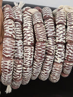 Handcrafted Krobo Painted Recycled Glass Beads – African Brown Tube Beads with Cream Zigzag Patterns (17–18mm × 28–30mm)