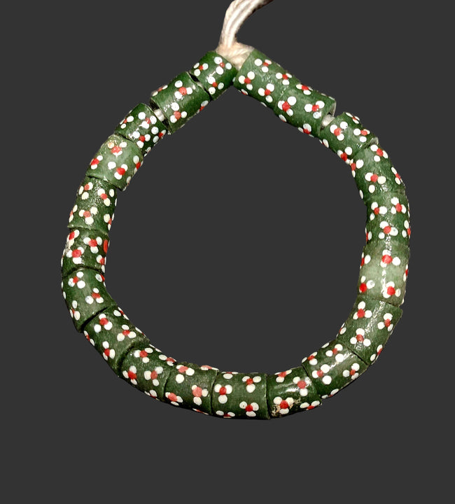 Dark Green Tube Krobo Recycled Glass Beads with Red & White Dots | 10–12.5 × 16–19.5 mm Large Hole Beads | Handcrafted in Ghana