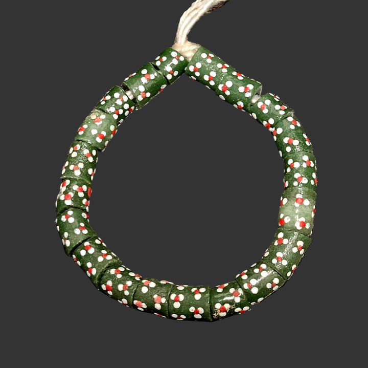 Dark Green Tube Krobo Recycled Glass Beads with Red & White Dots | 10–12.5 × 16–19.5 mm Large Hole Beads | Handcrafted in Ghana